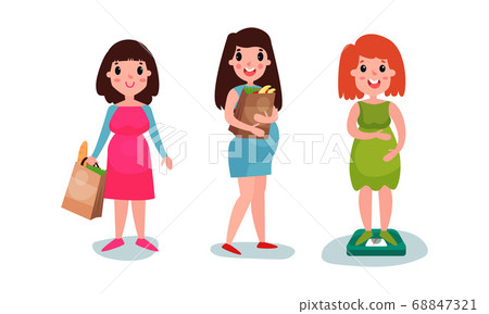 Young Pregnant Woman Doing Shopping Vector Illustration Set 68847321