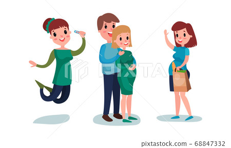 Young Pregnant Woman Jumping with Pregnancy Test and Doing Shopping Vector Illustration Set 68847332