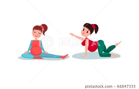 Young Pregnant Woman Sitting in Yoga Pose Breathing and Meditating Vector Illustration Set 68847335