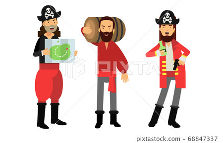 Man Pirate Wearing Corsair Hat Holding Treasure Map and Rum Barrel Vector Illustration Set 68847337