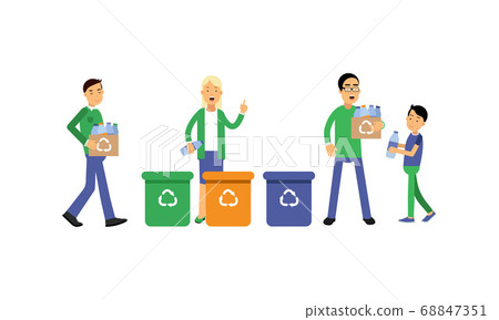 People Characters Contributing into Environment Preservation by Recycling and Sorting Trash Vector Illustration Set 68847351