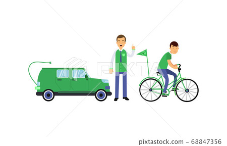 Young Man Contributing into Environment Preservation by Using Eco Friendly Vehicle Vector Illustration Set 68847356