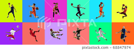 Collage of portraits of young jumping people on multicolored background in motion and action Collage of portraits of young jumping people on multicolored background in motion and action 68847974