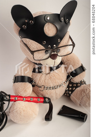 toy bear dressed in leather belts harness accessory for bdsm games on a light background toy bear dressed in leather belts harness accessory for bdsm games on a light background 68848204