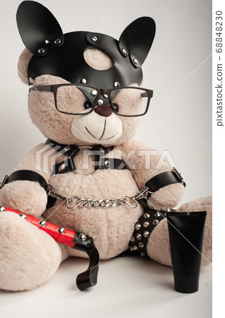 toy bear dressed in leather belts harness accessory for bdsm games on a light background toy bear dressed in leather belts harness accessory for bdsm games on a light background 68848230