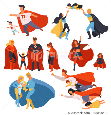 Superhero family, parents and kids with powers vector 68848400