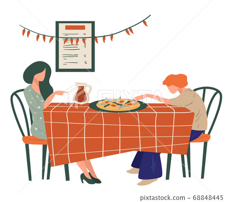 Friends eating pizza and drinking juice in pizzeria Friends eating pizza and drinking juice in pizzeria 68848445
