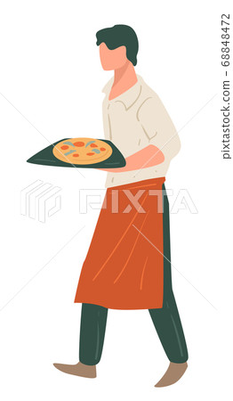 Waiter of pizzeria or restaurant carrying tray with pizza Waiter of pizzeria or restaurant carrying tray with pizza 68848472