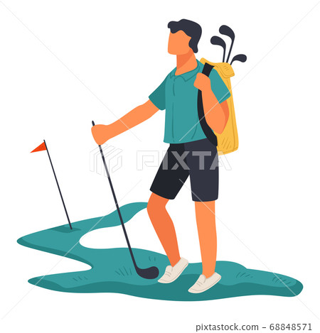 Golf sport, sportive man with clubs on field 68848571