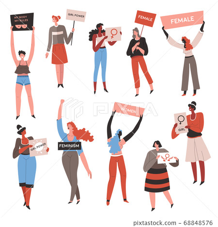 Feminists with signboards, female characters protesting, equality of rights Feminists with signboards, female characters protesting, equality of rights 68848576