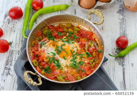 Traditional turkish food menemen,top view. Traditional turkish food menemen,top view. 68852139
