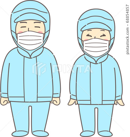 年輕的男人和女人穿著無塵的衣服和口罩-藍色 68854857