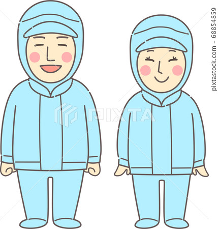 穿著無塵衣服的年輕男女，藍色 68854859