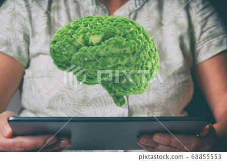 Human brain with green grass over tablet Human brain with green grass over tablet 68855553
