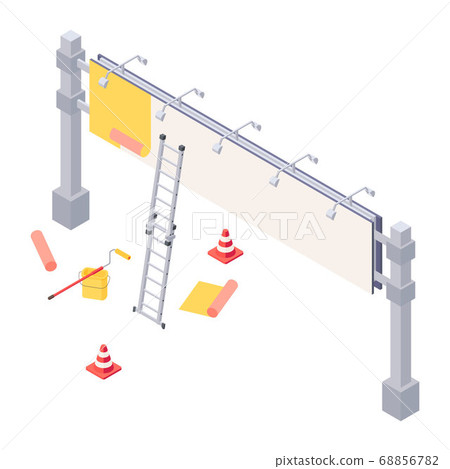 Billboard installation isometric vector illustration - process of sticking advertising on big city ooh banner. 68856782