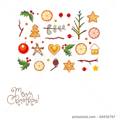 Greeting card with christmas decorations on white background. 68856797