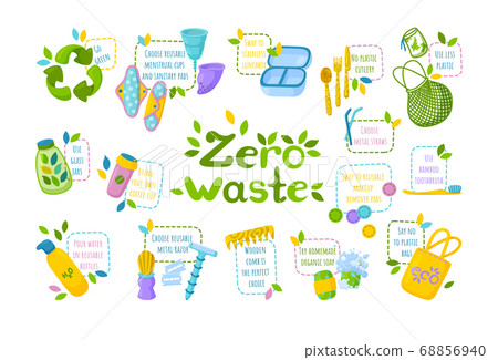 Zero waste set. Symbol of recycling, reusable items and go green instructions. Vector illustration Zero waste set. Symbol of recycling, reusable items and go green instructions. Vector illustration 68856940