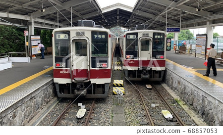 Trains lined up at Tobu Nikko Station platform Trains lined up at Tobu Nikko Station platform 68857053