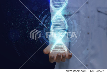 Young woman holding shiny DNA molecule in outstretched hand on blue background, collage with copy space 68858574