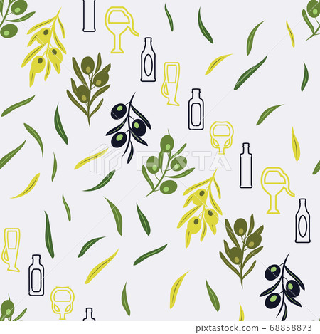 Greek Style bottles, jars, olive leaves on grey background Greek Style bottles, jars, olive leaves on grey background 68858873