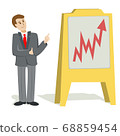 Cartoon businessman with pointer stick presentation chart vector illustration. Smiling analyst doing financial report and pointing important section of graphs flat style concept 68859454