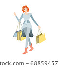 Red-haired girl goes with goods and bags of clothes 68859457