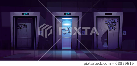 Dirty hallway with broken elevator doors at night Dirty hallway with broken elevator doors at night 68859619