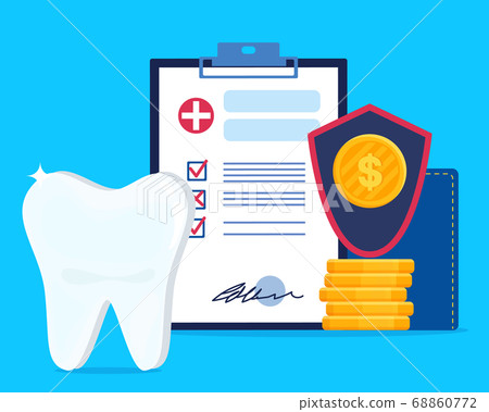 Flat vector illustration of dental insurance or contract of medical teeth treatment services. Clipboard with wallet, stack of coins, shield and white bright tooth. Concept of medical dental healthcare 68860772