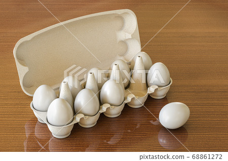 Eggs in an egg carton on wooden desk, 3D rendering 68861272
