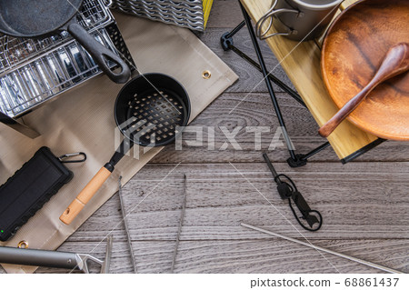 Outdoor camping equipment overhead view image Outdoor camping equipment overhead view image 68861437