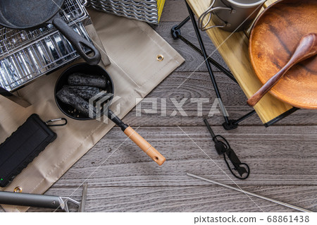 Outdoor camping equipment overhead view image Outdoor camping equipment overhead view image 68861438