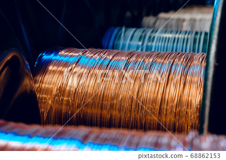 Production of copper wire, cable in reels at factory. Cable factory. 68862153