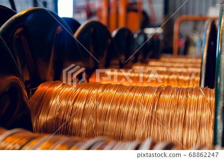 Production of copper wire, cable in reels at factory. Cable factory. 68862247
