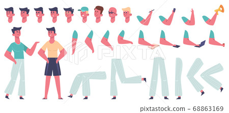 Male character constructor. Man body gesture poses, clothes and hairstyle, different legs, hands and facial emotion vector illustration icons set Male character constructor. Man body gesture poses, clothes and hairstyle, different legs, hands and facial emotion vector illustration icons set 68863169