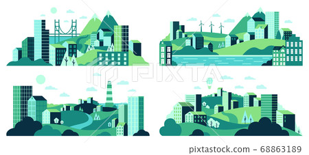 Village landscape. Minimalist town views, city house district, daytime landscape with buildings, trees and hills vector illustration set Village landscape. Minimalist town views, city house district, daytime landscape with buildings, trees and hills vector illustration set 68863189