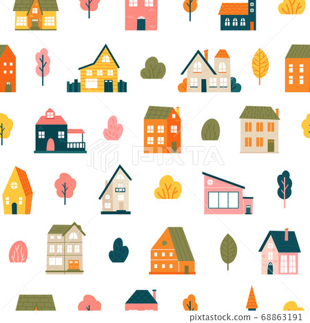 House pattern. Cute tiny town houses seamless backdrop, minimalist village, residential city houses landscape vector background illustration 68863191