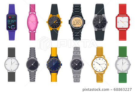 Modern watches. Wristwatch, unisex time chronograph, smartwatch, man woman modern and fashion wrist clocks vector illustration icons set Modern watches. Wristwatch, unisex time chronograph, smartwatch, man woman modern and fashion wrist clocks vector illustration icons set 68863227