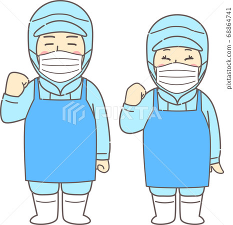 Young men and women wearing dust-free clothes, aprons, and masks that guts pose-smiling, blue, blue 68864741