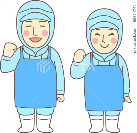 年輕男子和婦女穿著無塵的衣服和圍裙去冒充姿勢,藍色,藍色 年輕男子和婦女穿著無塵的衣服和圍裙去冒充姿勢,藍色,藍色 68864743
