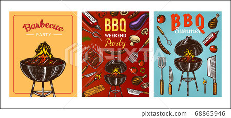 Barbecue grill elements set isolated on red... - Stock Illustration ...