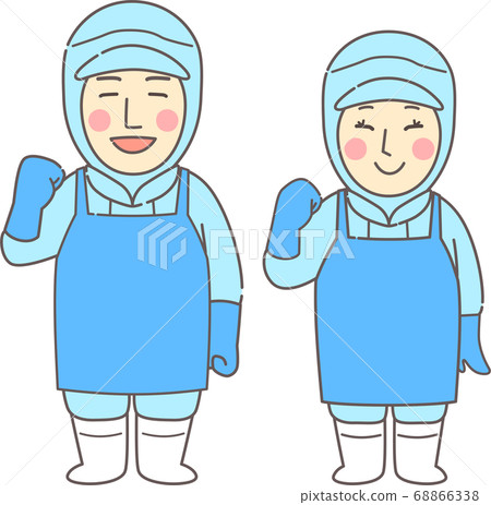 男人和女人穿著無塵的衣服，圍裙和橡膠手套，冒充微笑，藍色，藍色 68866338