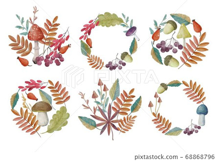 Watercolor autumn composition with leaves, mushrooms and berries. 68868796