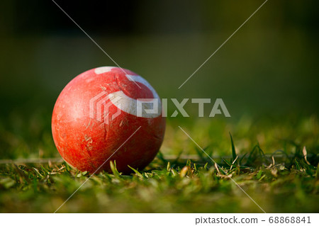 Red wooden ball with 3 written on the grass 68868841