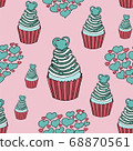 Vector graphic of the various sweets and desserts decorated into seamless pattern. Valentines day seamless pattern of hearts and cupcakes. Beautiful abstract pattern with Valentines day seamless 68870561