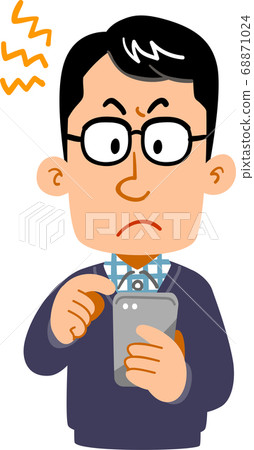 Frustrated look of a man wearing glasses operating a smartphone Frustrated look of a man wearing glasses operating a smartphone 68871024