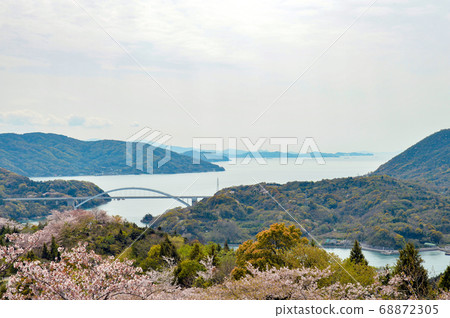 從愛媛縣今治市的開山看春天的瀨戶內海國家公園和島Shi公路 68872305