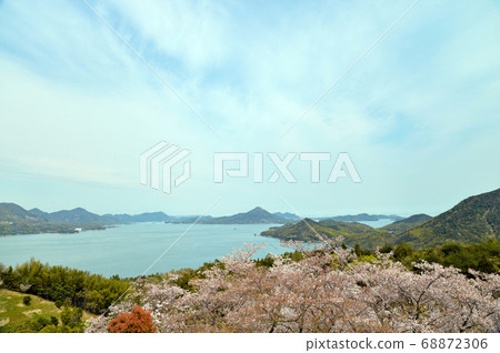 從愛媛縣今治市的開山看春天的瀨戶內海國家公園和島Shi公路 68872306