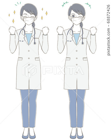Medical and doctor hand-drawn style full body illustration set of a female doctor wearing a white coat and mask 68872426