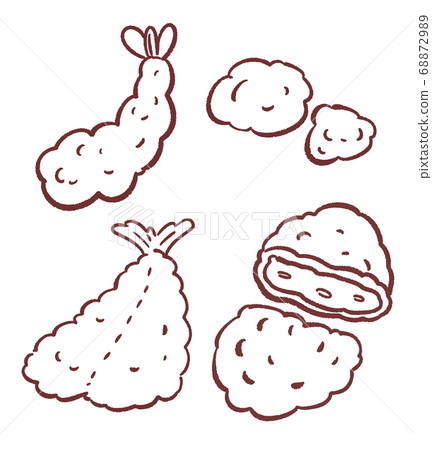 Fried food (aji-fried, shrimp-fried, fried chicken, croquette) illustration set, line drawing Fried food (aji-fried, shrimp-fried, fried chicken, croquette) illustration set, line drawing 68872989