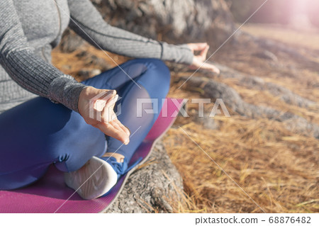 Girl in sportswear in yoga lotus position on fallen needles in the coniferous forest. Sitting on a pink mat. The concept of meditation and unity with nature Girl in sportswear in yoga lotus position on fallen needles in the coniferous forest. Sitting on a pink mat. The concept of meditation and unity with nature 68876482